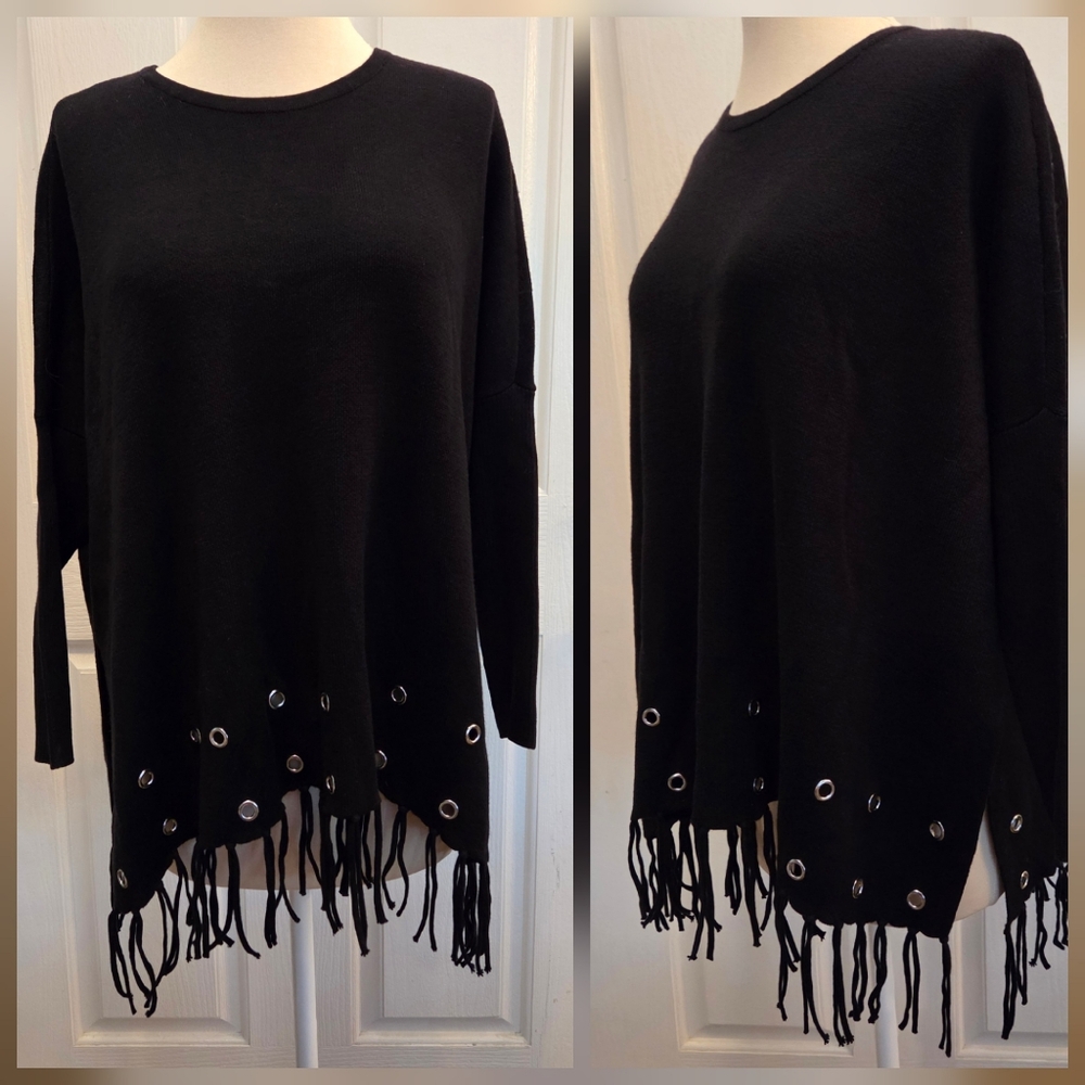 Chico's Black Knit Sweater Oversized Size XXS XS Fringe Tassels Fall Winter Soft